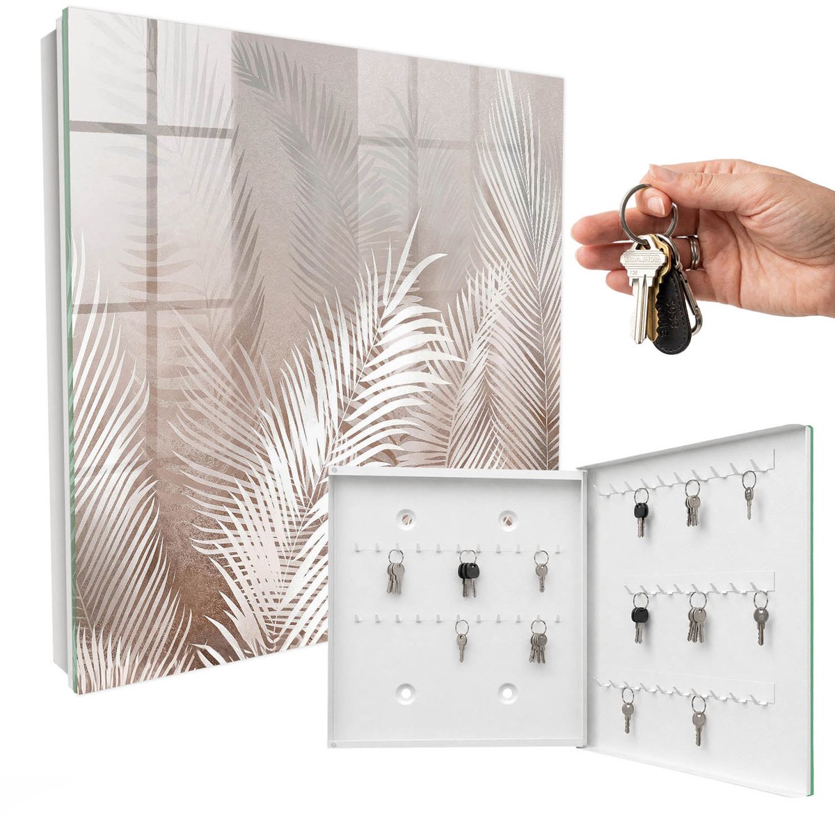WallMuralia - Sleutelkast - 30x30x5 cm - met 50 haken - Bladeren Van Elegantie Sleutelkastje - Beige Sleutelbox - Rechtsopenend - Wit interieur
