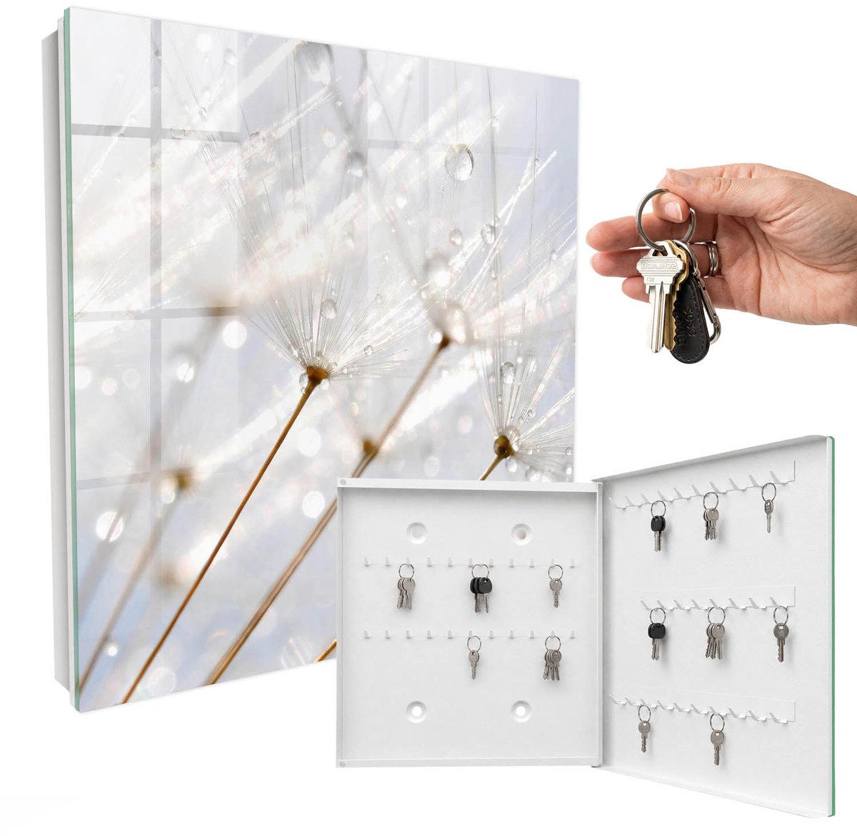 WallMuralia - Sleutelkast - 30x30x5 cm - met 50 haken - De Lichtheid Van De Natuur Sleutelkastje Industrieel - Wit Sleutelbox - Rechtsopenend - Wit interieur