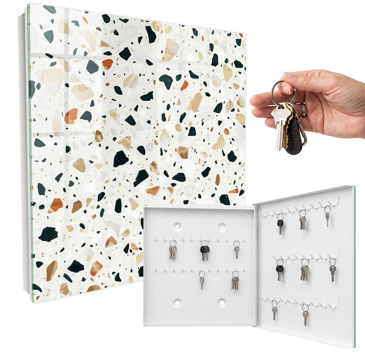 WallMuralia - Sleutelkast - 30x30x5 cm - met 50 haken - Terrazzo-Patroon Sleutelkastje Landelijk - Grijs Sleutelbox - Rechtsopenend - Wit interieur