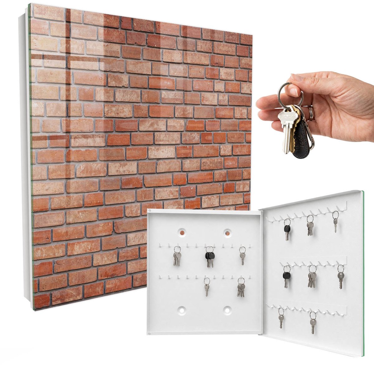 WallMuralia - Sleutelkast - 30x30x5 cm - met 50 haken - Bakstenen Muur Sleutelkastje Klein - Bruin Sleutelbox - Rechtsopenend - Wit interieur