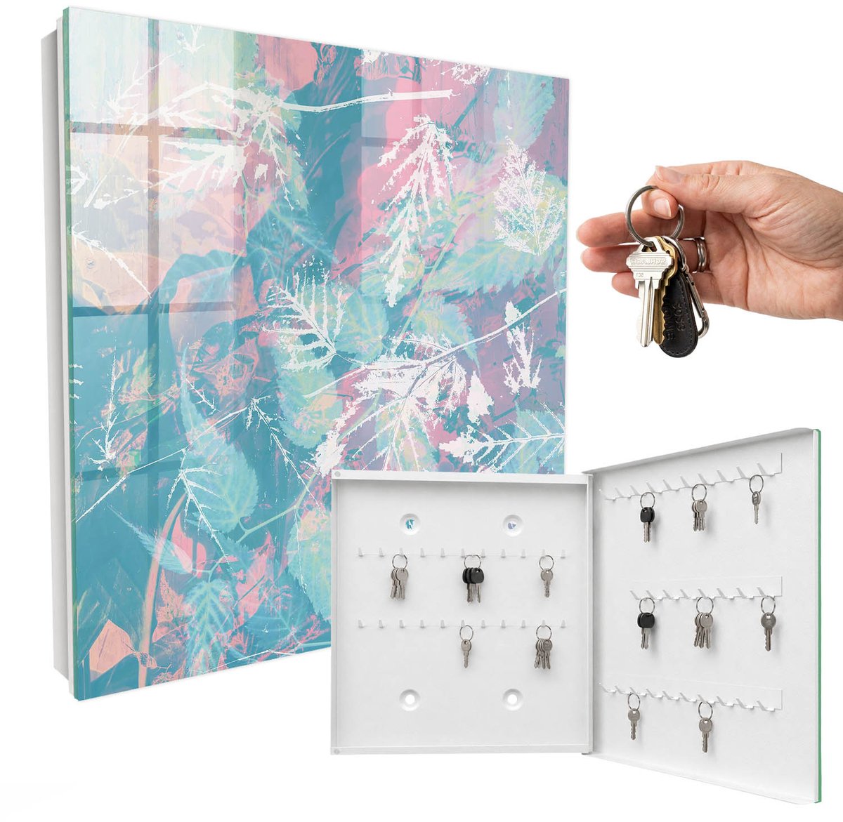 WallMuralia - Sleutelkast - 30x30x5 cm - met 50 haken - Pastelkleurige Bladeren Sleutelkastje Hal - Wit Sleutelbox - Rechtsopenend - Wit interieur