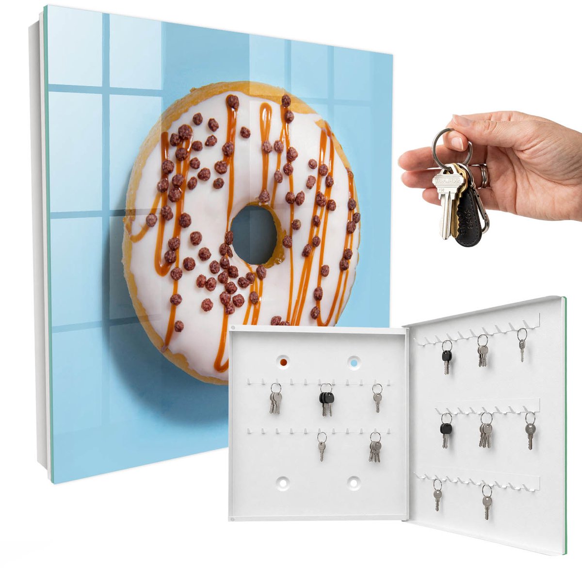 WallMuralia - Sleutelkast - 30x30x5 cm - met 50 haken - Zoete Verleiding Leuk Sleutelkastje - Blauw Sleutelbox - Rechtsopenend - Wit interieur