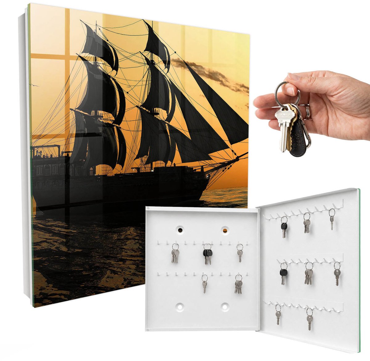 WallMuralia - Sleutelkast - 30x30x5 cm - met 50 haken - Zeeavontuur Design Sleutelkastje - Oranje Sleutelbox - Rechtsopenend - Wit interieur