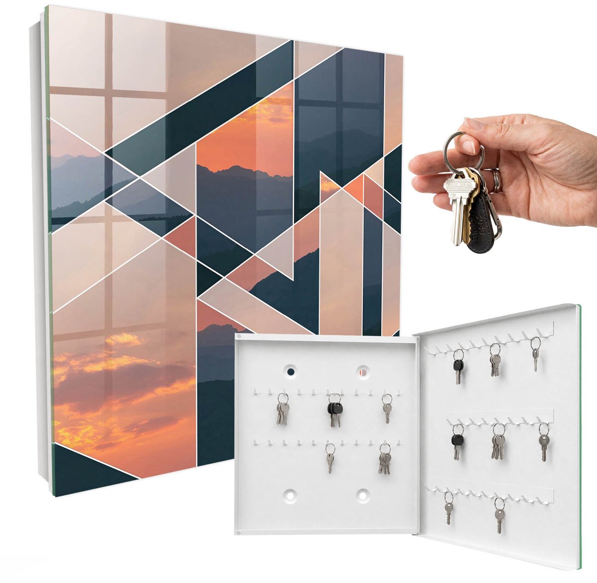 WallMuralia - Sleutelkast - 30x30x5 cm - met 50 haken - Bergachtig Westen Sleutelkastje Hal - Oranje Sleutelbox - Rechtsopenend - Wit interieur