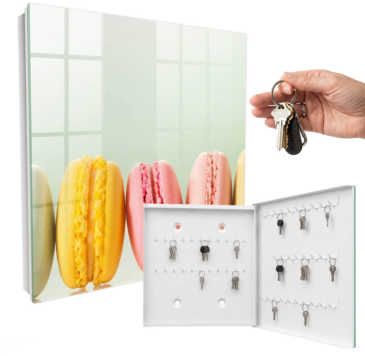 WallMuralia - Sleutelkast - 30x30x5 cm - met 50 haken - Kleurrijke Lekkernijen Sleutelkastje Binnen - Groente Sleutelbox - Rechtsopenend - Wit interieur