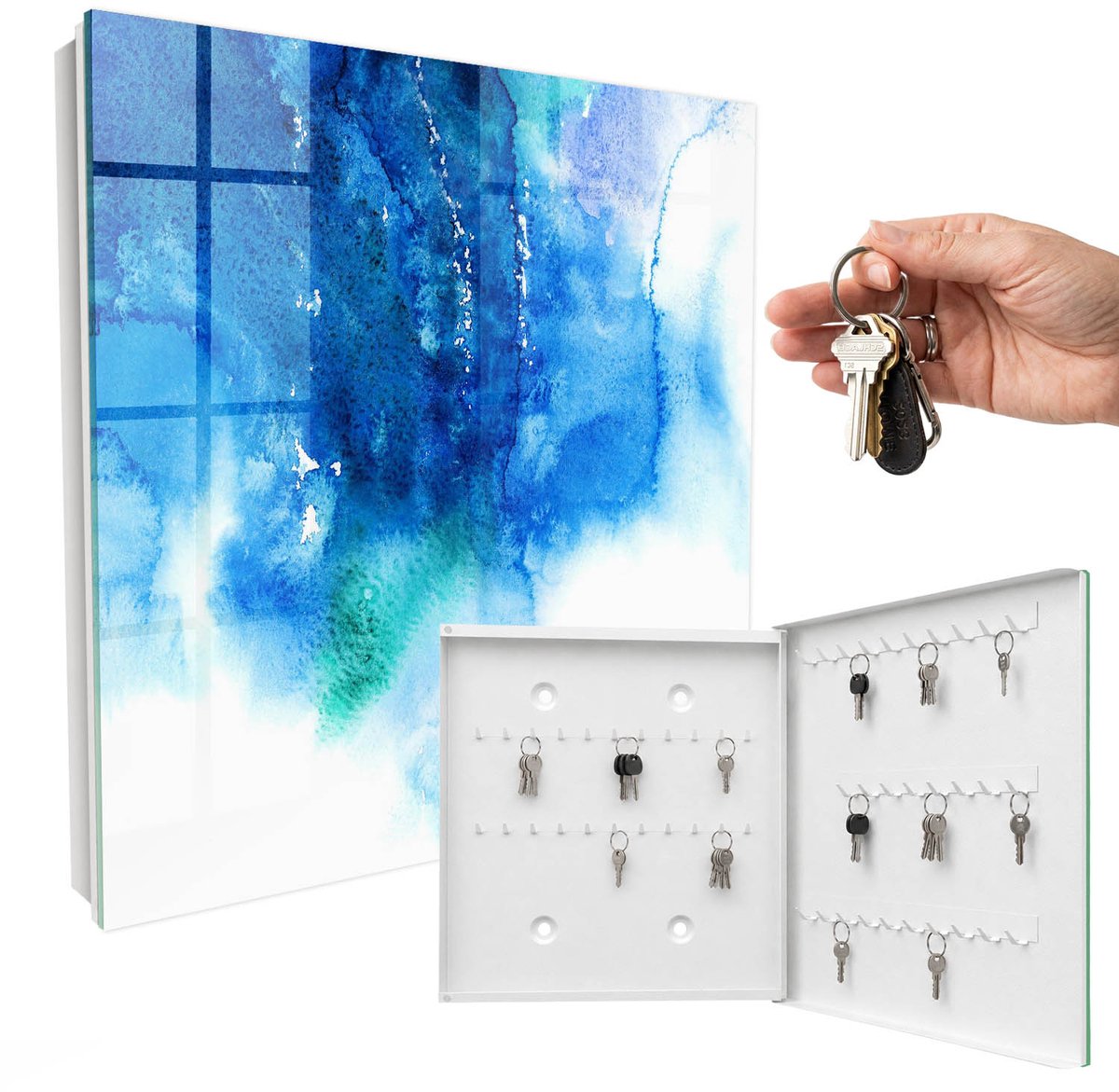 WallMuralia - Sleutelkast - 30x30x5 cm - met 50 haken - Blauwe Golven Sleutelkastje Muur - Blauw Sleutelbox - Rechtsopenend - Wit interieur