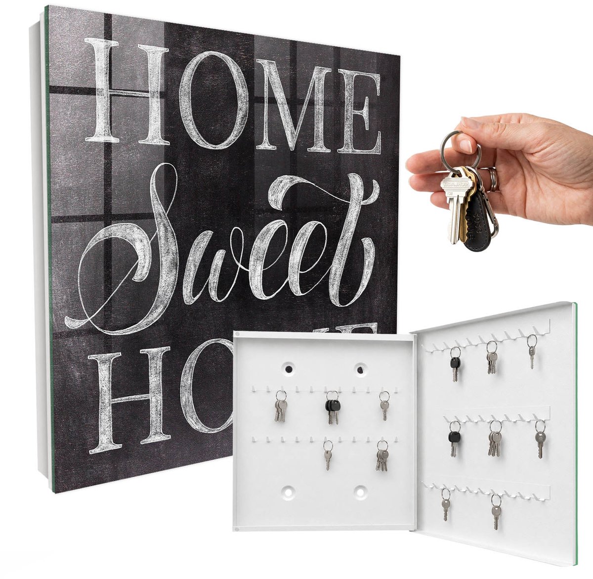 WallMuralia - Sleutelkast - 30x30x5 cm - met 50 haken - Thuis Is Waar Het Hart Is Sleutelkastje Gang - Zwart Sleutelbox - Rechtsopenend - Wit interieur