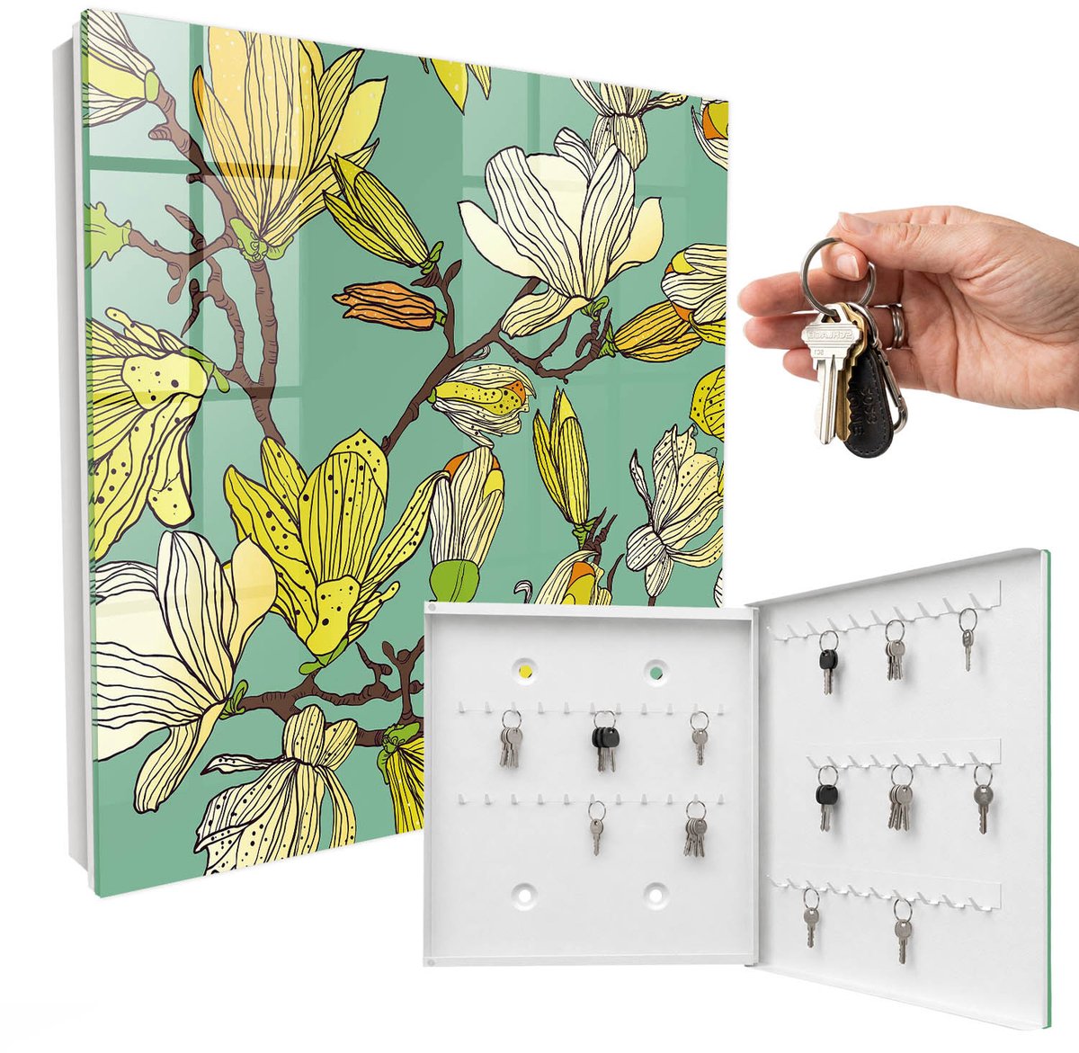 WallMuralia - Sleutelkast - 30x30x5 cm - met 50 haken - Levende Natuur Sleutelkastje Industrieel - Groente Sleutelbox - Rechtsopenend - Wit interieur