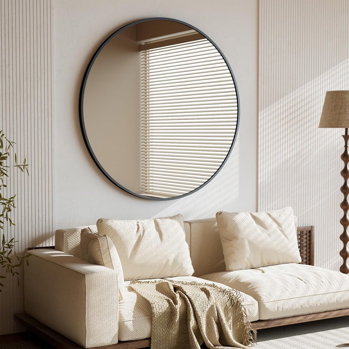 106 cm ronde spiegel, onbreekbare wandspiegel met aluminium frame, badkamerspiegel om op te hangen en tegen te leunen, ronde wandspiegel voor slaapkamer, badkamer, woonkamer, zwart