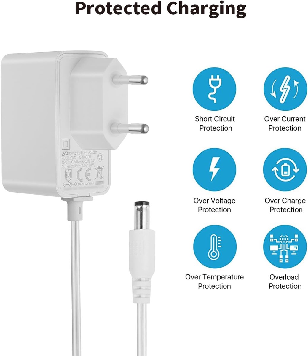 12V 1A Netadapter met 3 m Kabel, 2,1 mm x 5,5 mm DC-stekker voor IP-camera's, CCTV, LED-strips, Audio/Video-apparatuur, Routers, Wit