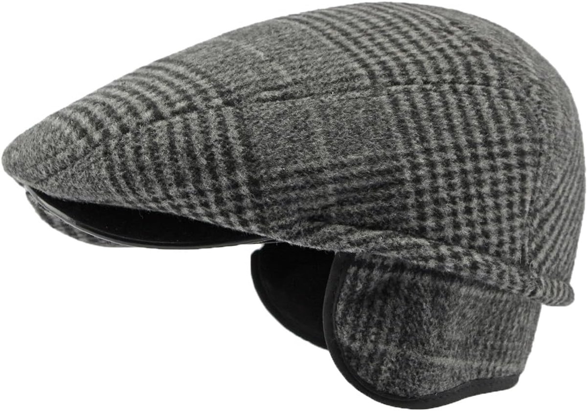 Baret voor heren, vintage warme wintermuts, geruit, met opvouwbare