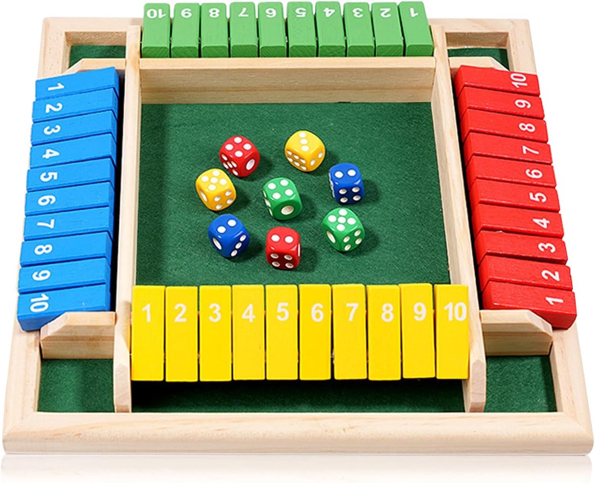 The Box, Shut The Box 4 spelers, Dice King Game, wordt geleverd met 8 dobbelstenen, geschikt voor outdooractiviteiten, karaoke, reizen, feest of bar (vier kleuren)