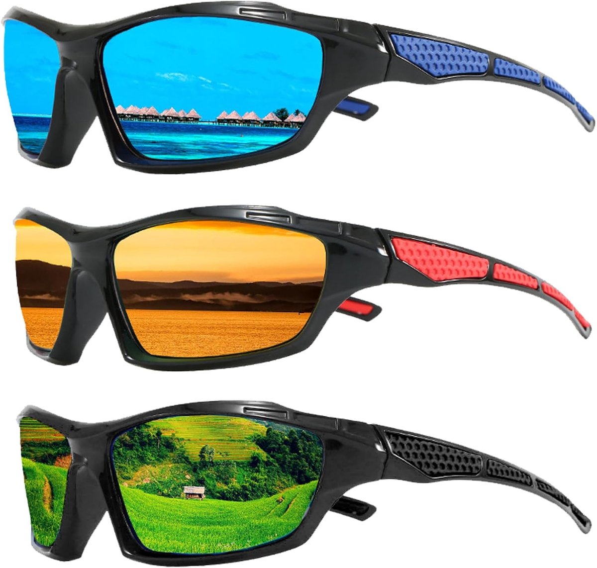 3 paar gepolariseerde sportzonnebril, uniseks, gepolariseerde sportzonnebril, uv-bescherming, voor heren en dames, voor autorijden, klimmen, trekking, fietsen, 3 paar, Meerkleurig.