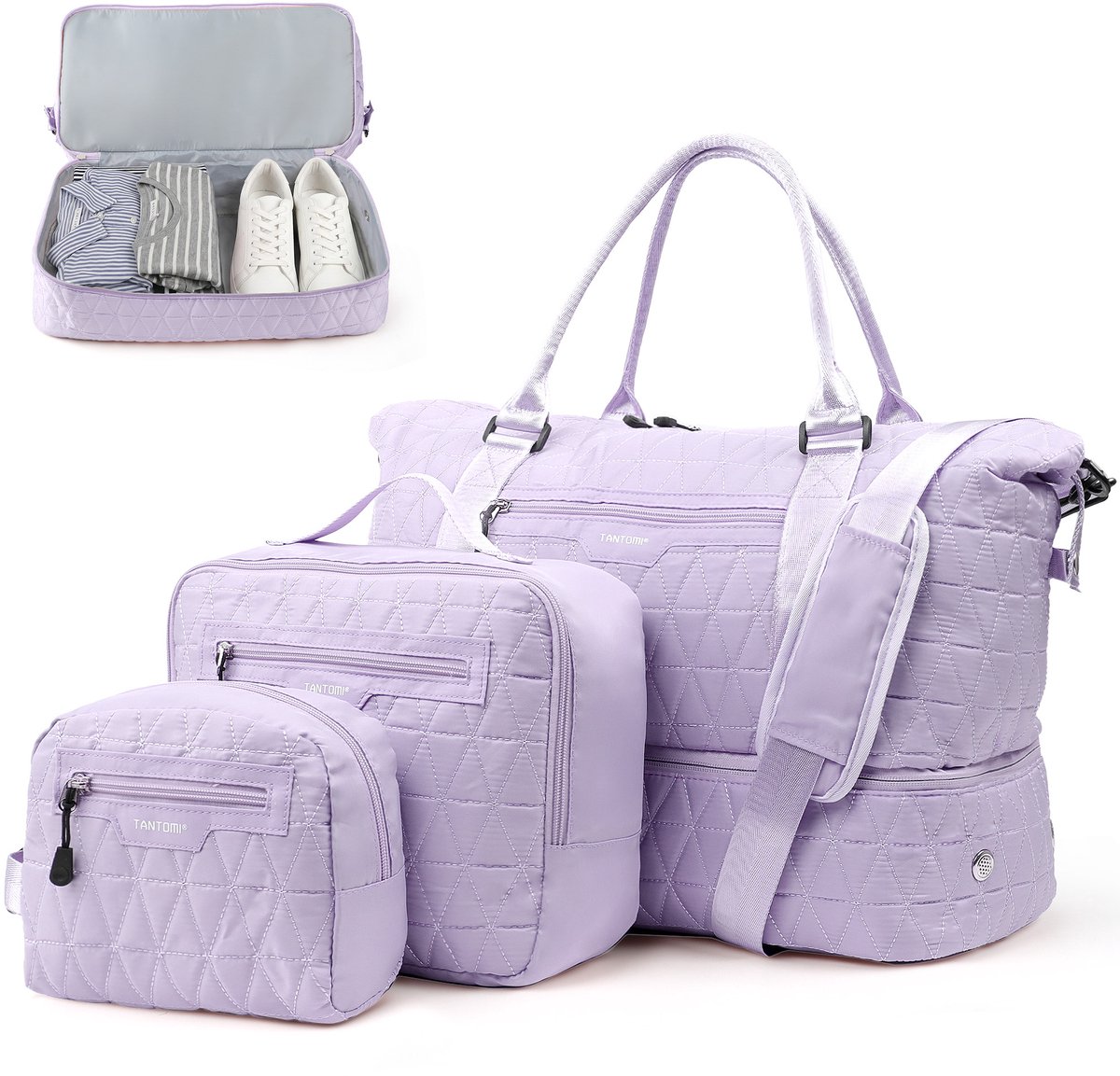 TANTOMI - Reistas - Handbagage Tas voor dames en heren - 46x23x35 cm - met make-uptas & toilettas - met schoenenvak - voor reizen, fitness, dagelijks gebruik en ziekenhuis - Weekendtas - Sporttas - Lichtpaars