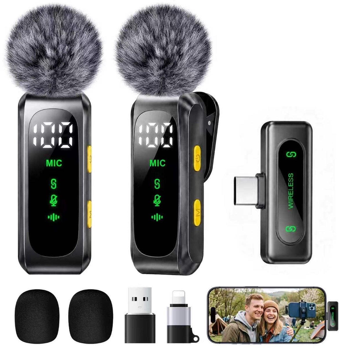 Namajunas - Lavaliermicrofoon - 2 Stuks - Ruisonderdrukking, windkap en batterij-indicator - Plug & Play, lange batterijduur - Voor livestream, opname, iPhone, Android en pc - Dasspeldmicrofoon