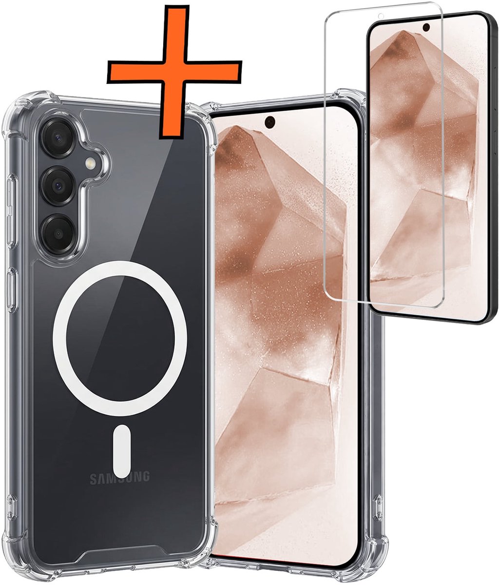 Hoes - Met Screenprotector - Geschikt voor Samsung Galaxy A55 - Magsafe Compatible - Sterk & Shockproof - Back Cover - Shock Proof Case - Telefoon Hoes - Transparant