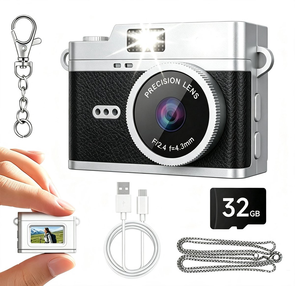 Mini Digitale Camera - 12MP 1080P FHD - Retro Pocket Fototoestel - Lichtbruin - Met 32GB SD-kaart en Lanyard - Geschikt voor Kinderen, Foto en Video Opnames