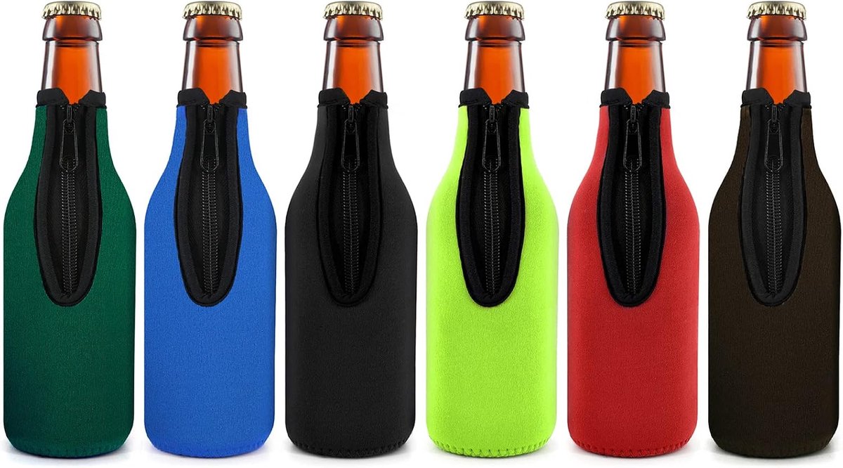 Flessenkoeler - 6 stuks - Voor bier en andere koude drankjes - Universele Maat - 20x6 cm - Koeler met rits - Geschikt voor school, kantoor, thuis, op reis - Blauw, rood, groen, zwart, bruin, groen