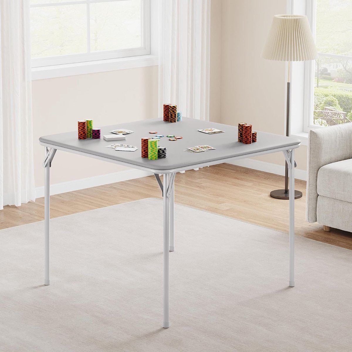 Inklapbare Kaarttafel met PU-Leren Kussen - 85x85 cm - Vierkante Speeltafel & Pokertafel - Stevig Metalen Frame - Belastbaar tot 150 kg - Geen Montage Nodig - Grijs(Zonder Stoelen)