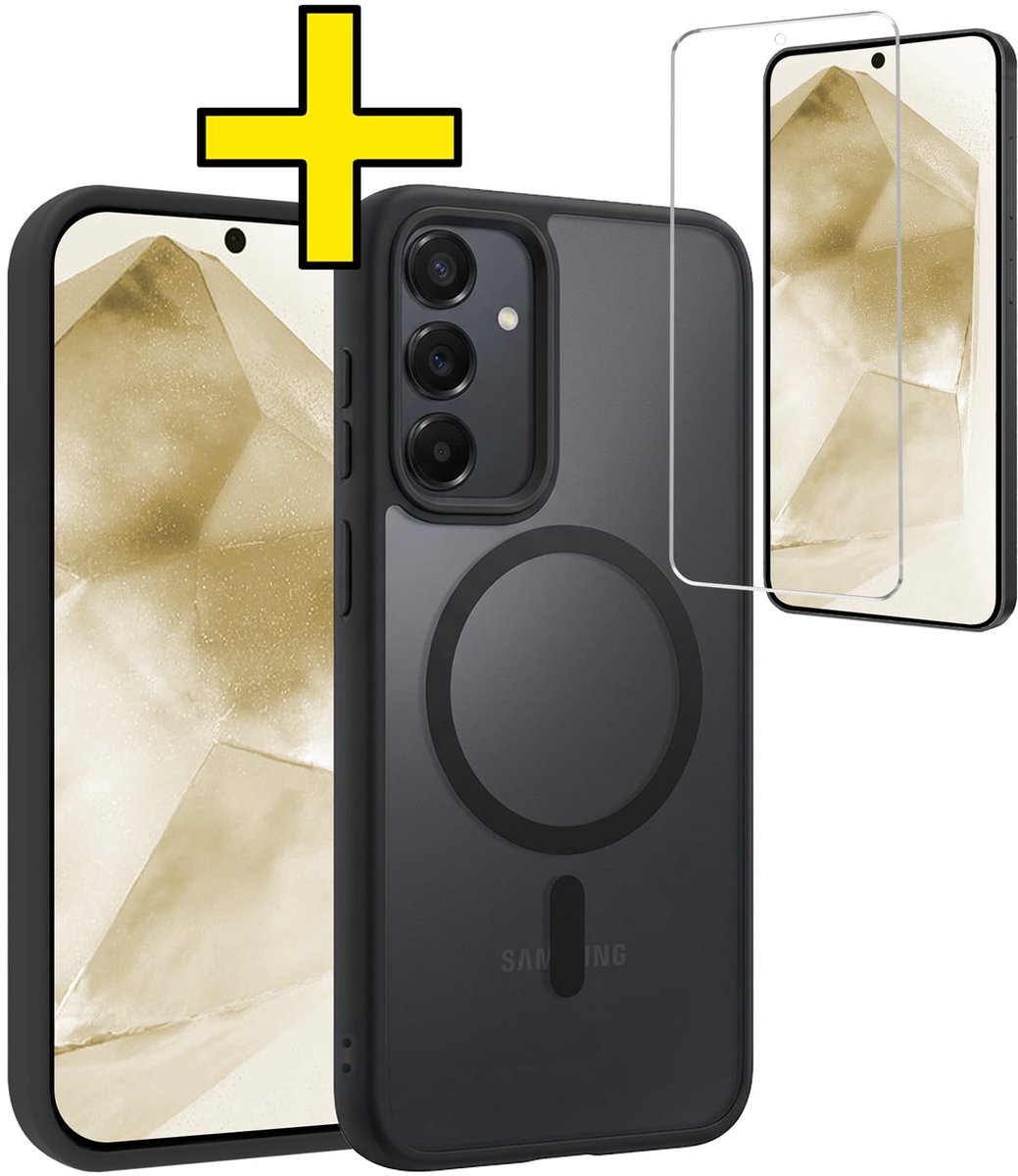 Hoesje - Met Screenprotector - Geschikt voor Samsung Galaxy A55 - Magsafe Compatible - Sterk & Shockproof - Back Cover - Shock Proof Case - Telefoon Hoes - Telefoonhoesjes - Zwart