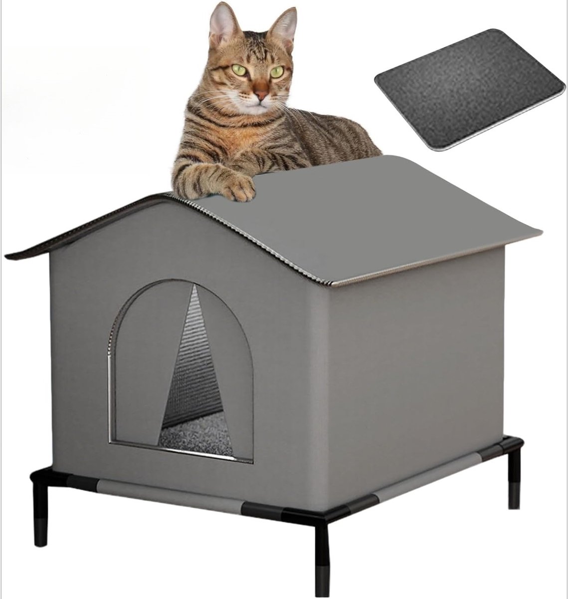Groot Buiten Kattenhuis Grijs 42x42x42cm met Verhoogd Onderstel Waterbestendig Kattenverblijf voor Zwerfkatten en Kleine Honden