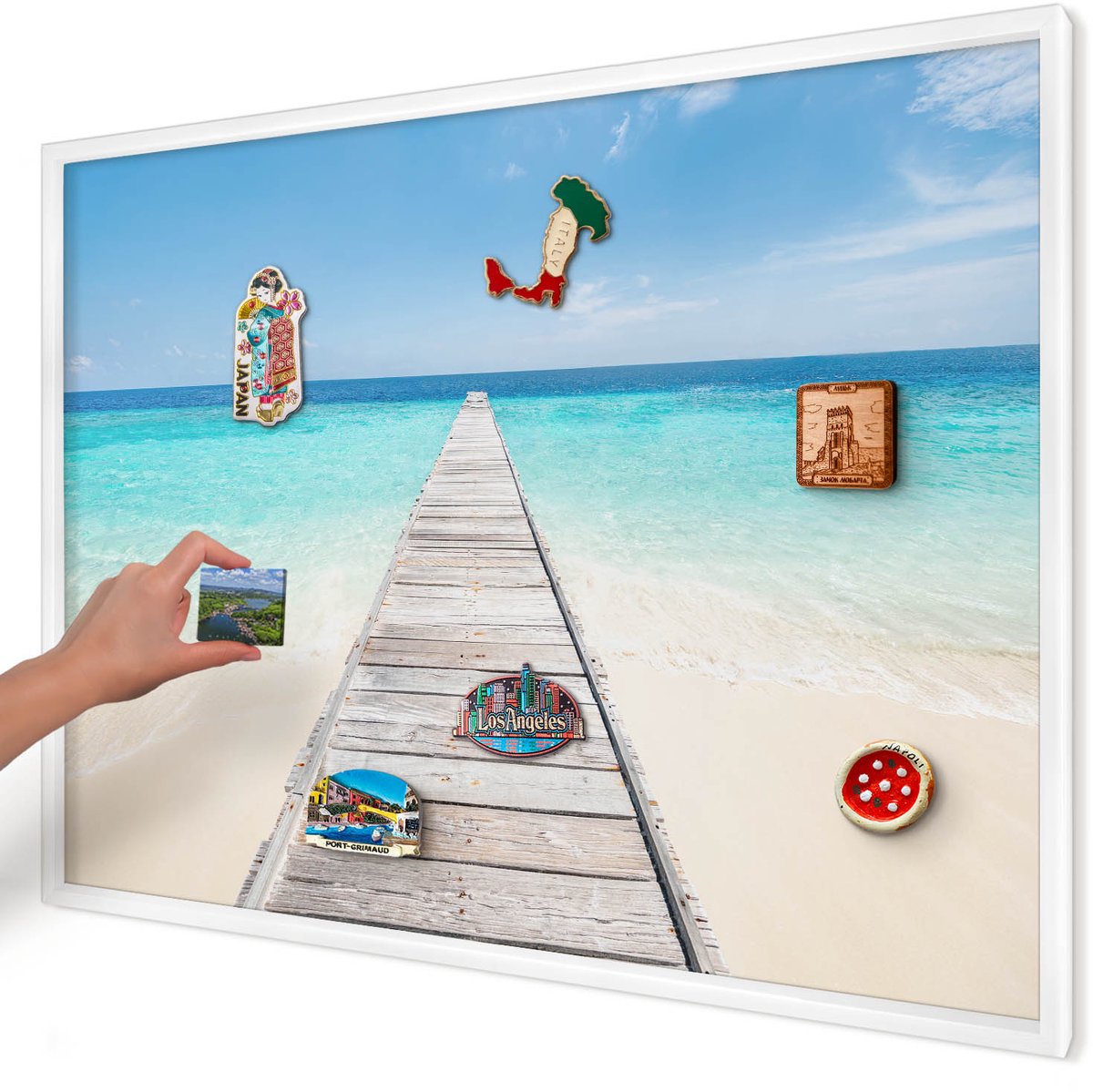 Artprintcave Blauw Magneetbord mit Witte Lijst - 100x70 cm - Ocean Pier Wandbord Magnetisch - Minimalist Magnetische Organizer - Landschappen