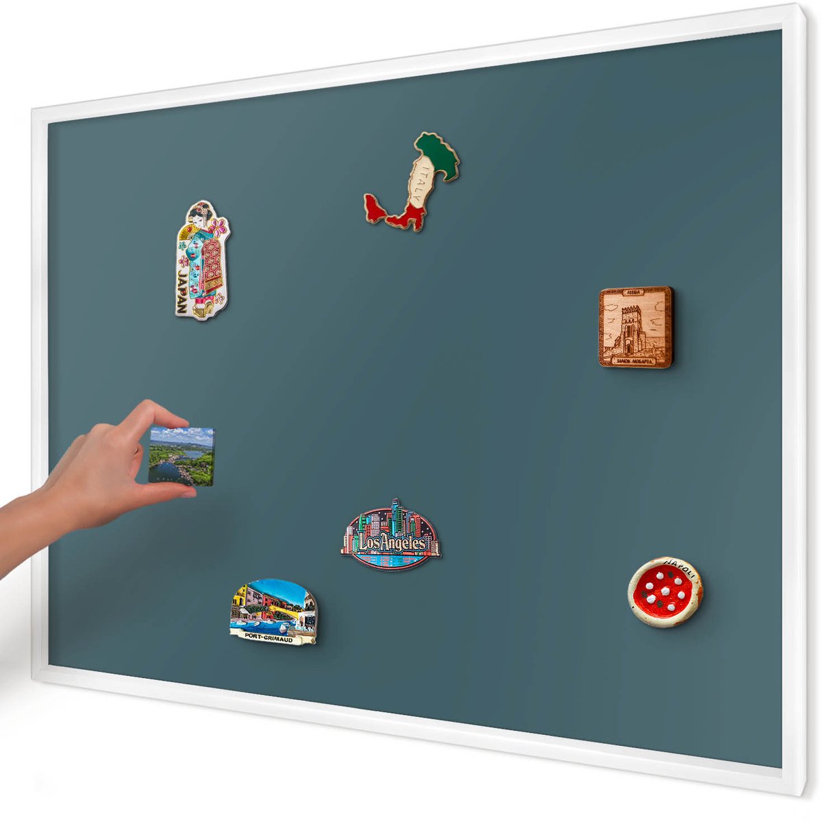 Artprintcave Turkoois Magneetbord mit Witte Lijst - 100x70 cm - Donker Turkoois Magneet Bord mit Frame - Minimalist Magnetisch Bord Voor Magneten - Achtergronden En Patronen