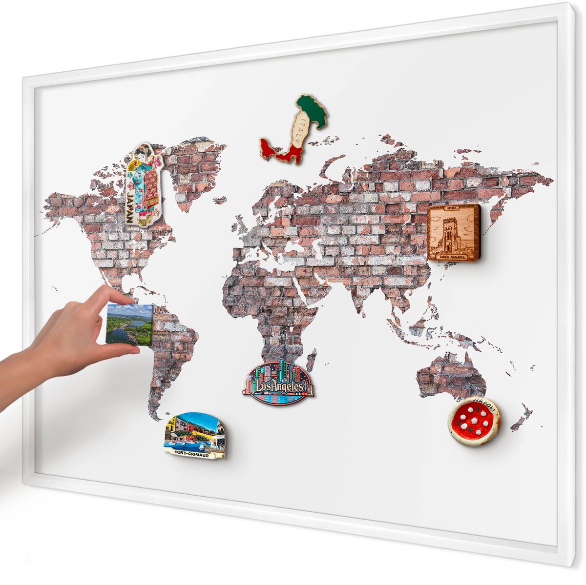 Artprintcave Wit Magneetbord mit Witte Lijst - 100x70 cm - Baksteenwereld Magnetisch Bord Voor Magneten - Industrieel/Loft Magneet Bord mit Frame - Kaarten