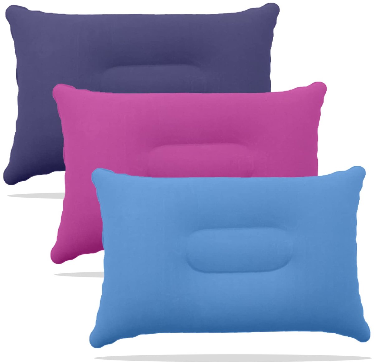 3 STKS Camping Kussens Ultralight Opblaasbaar Kussen Kleine Vierkante Flocked Stof voor Wandelen, Camping, Reizen, Napping, Bureaust, Nek & Lumbale Ondersteuning (Paars, Roze, Blauw)