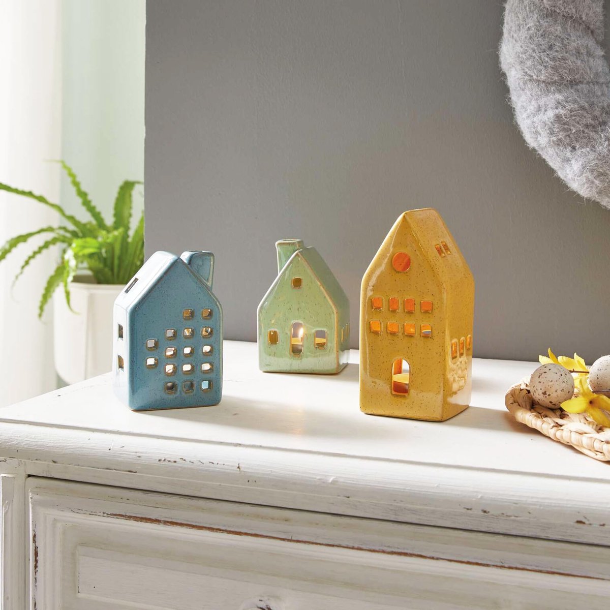 FLECHTWAREN Theelichthouders huizen, set van 3, porselein, hoogte 10 cm, 13 cm, zonder theelichtjes, geel, groen en blauw