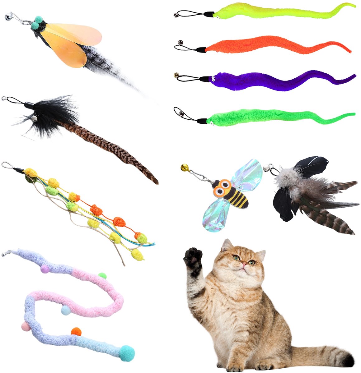 Plumas de Repuesto para Caña de Gato, 10 Piezas Juguete de Plumas para Gatos con Cascabel, Colgantes de Plumas Multicolor para Juguete de Gato para Jugar en Interior