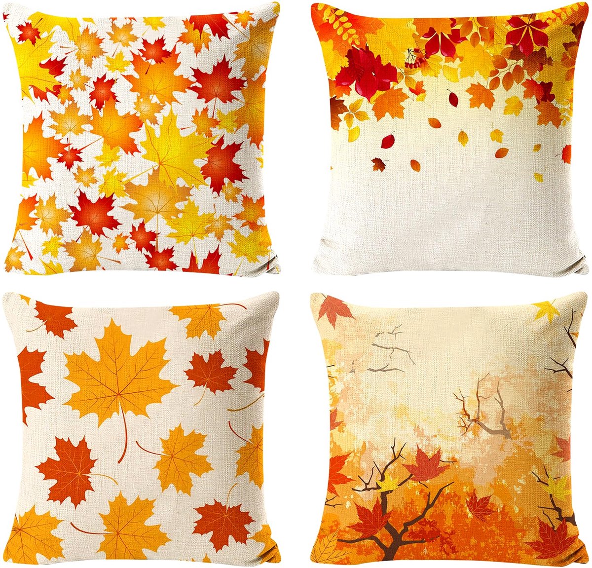 Kussenhoezen voor bankkussen, 4 stuks, rustiek, vierkant, 45 x 45 cm, linnen met ritssluiting, geel esdoornblad, decoratieve kussenhoes voor landelijke woonkamer