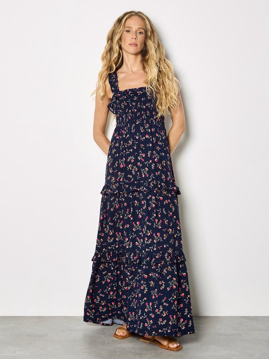Maxi-jurk met kleine bloemenprint en smockwerk
