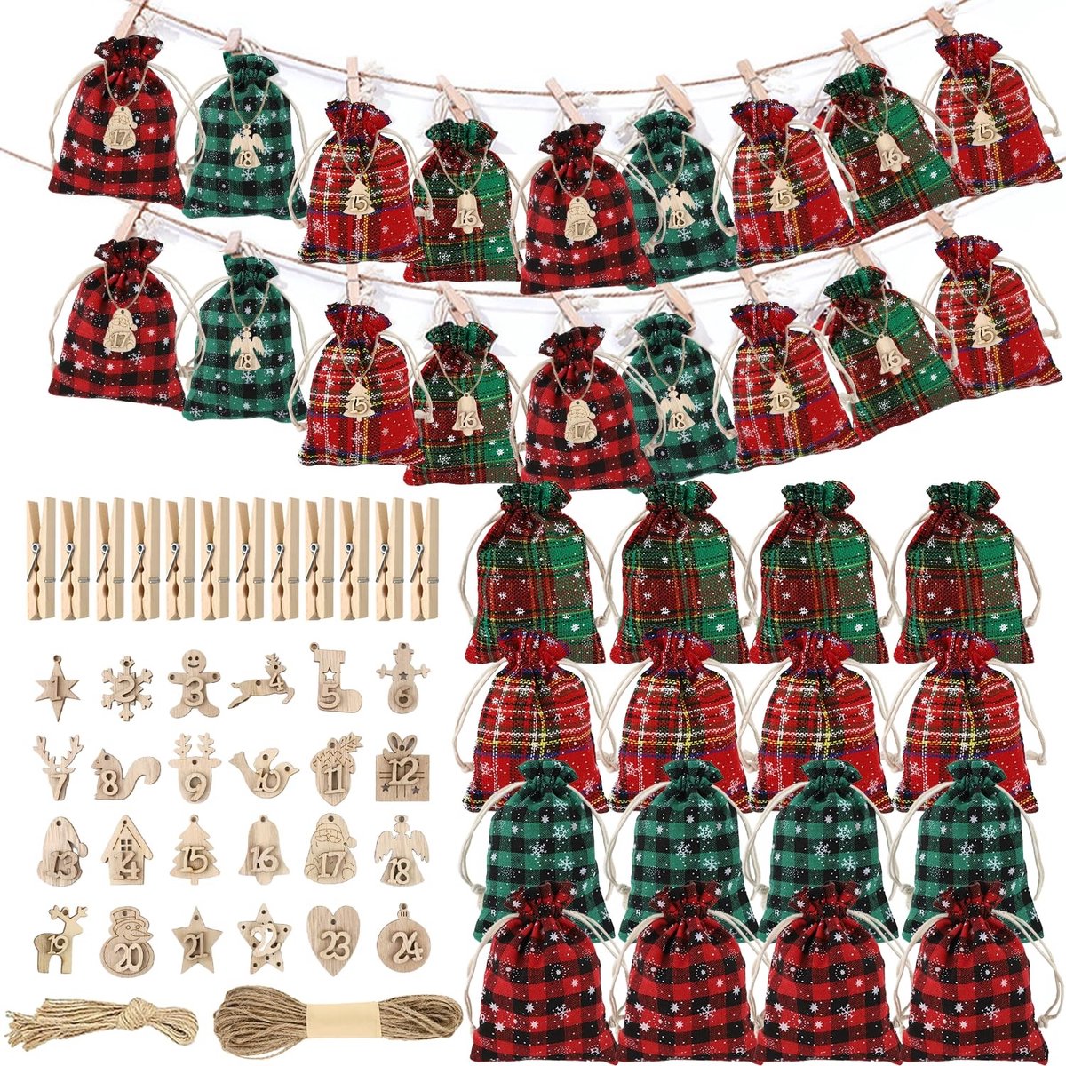 Dailygoods - Adventskalender om te vullen 2025, jutezakjes, adventskalender zelf vullen, stof voor kinderen, grote cadeauzakjes, Kerstmis, 24 stoffen zakjes voor doe-het-zelf kerstdecoratie