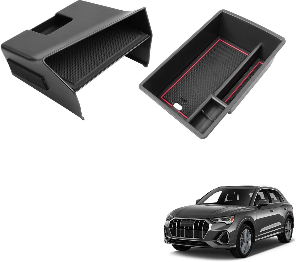 Dailygoods - Opbergbox voor middenconsole, compatibel met Audi Q3 F3 2019-2024, Audi Q3 middenconsole, organizer met antislipmat, zwart, Audi Q3, armleuning, organizer met antislipmat, rood