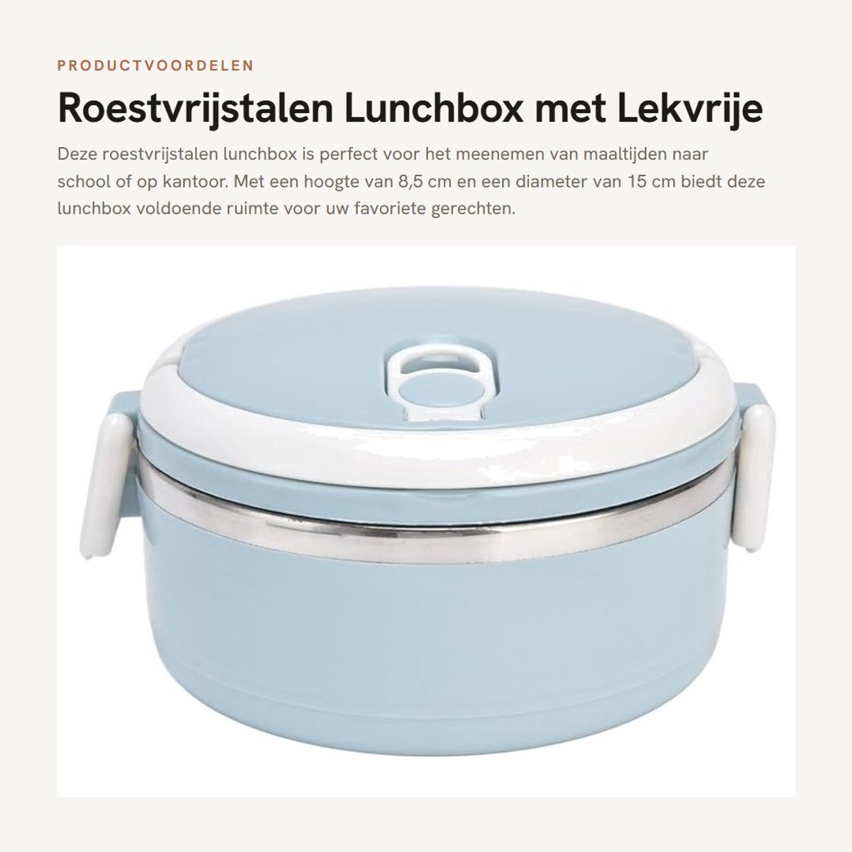 Dailygoods- Lunchbox Roestvrij staal - Thermische Container - Lekvrij - Isolatie - Hoogte 8,5 cm - Diameter 15 cm - Veiligheidssloten - Thermosfles