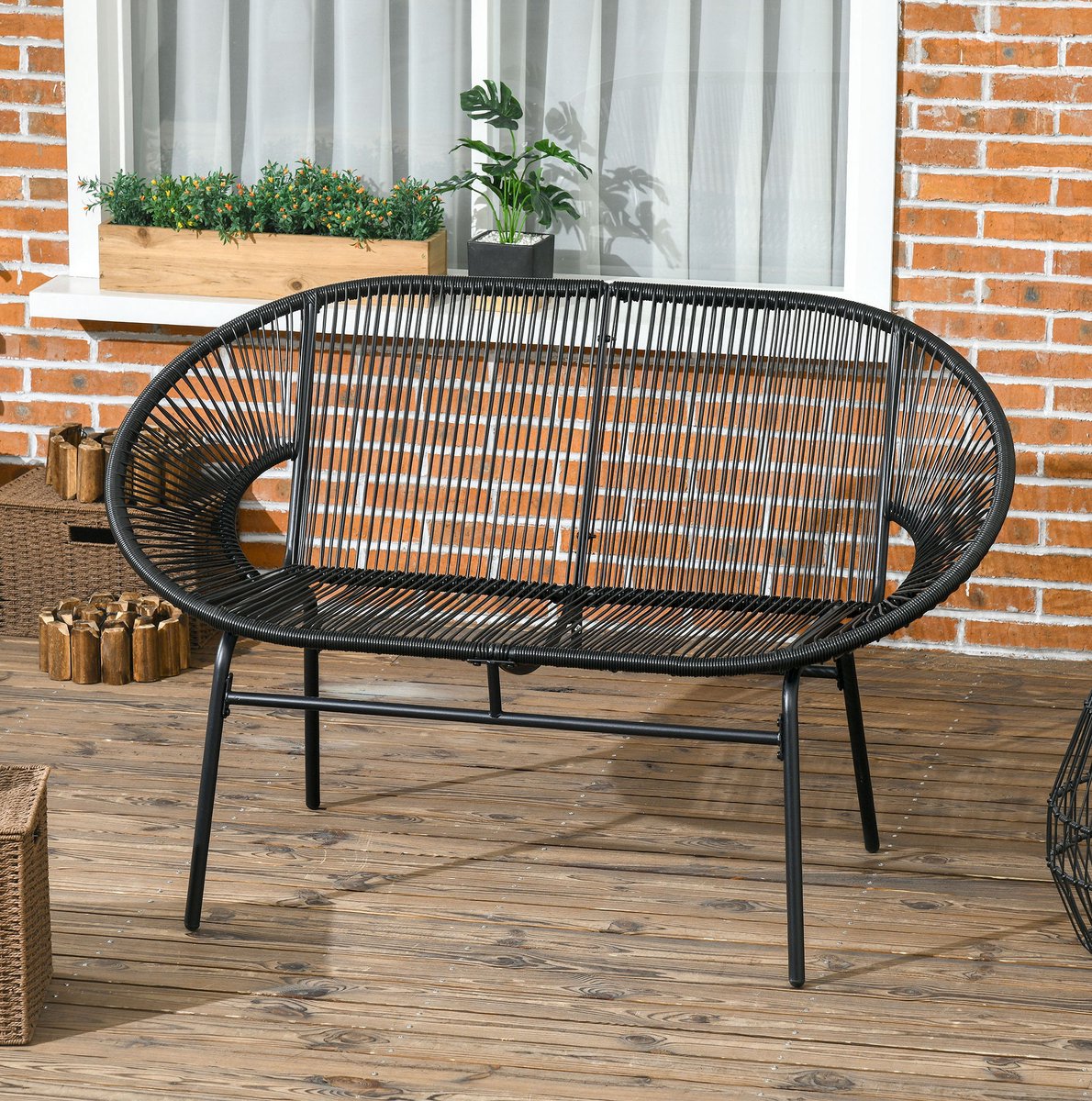 MIVRAY Zitbank 132 Cm - 2-Zits Tuinbank Met Hoge Rugleuning En Gebogen Armleuningen - Voor Terras En Balkon - PE-Rattan Zwart