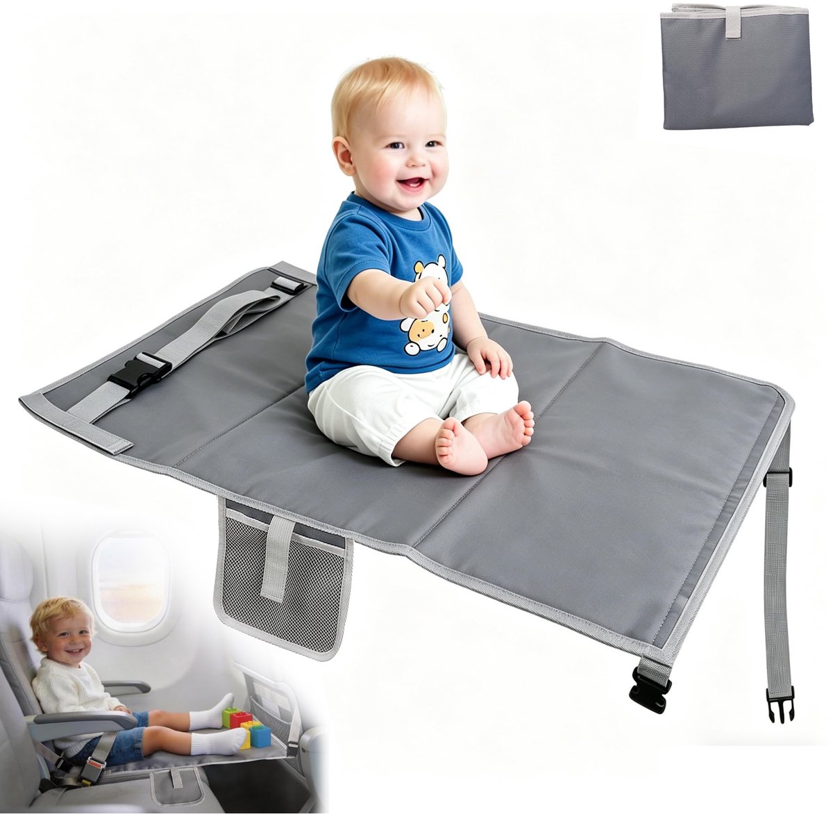 Zitverlenging voor kinderen, 76 x 44,5 cm, voetensteun, vliegtuig, opvouwbare voetensteun voor vliegreizen, draagbare ademende slaapmat voor peuters (grijs)