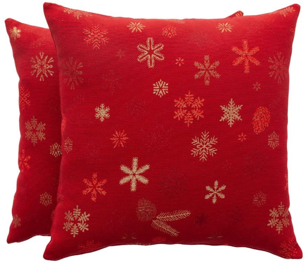Set van 2 kerstkussenslopen 45 x 45 cm, decoratief, voor bank met ritssluiting, jacquard, lurexgaren, glanzend, ademend en zacht, rood