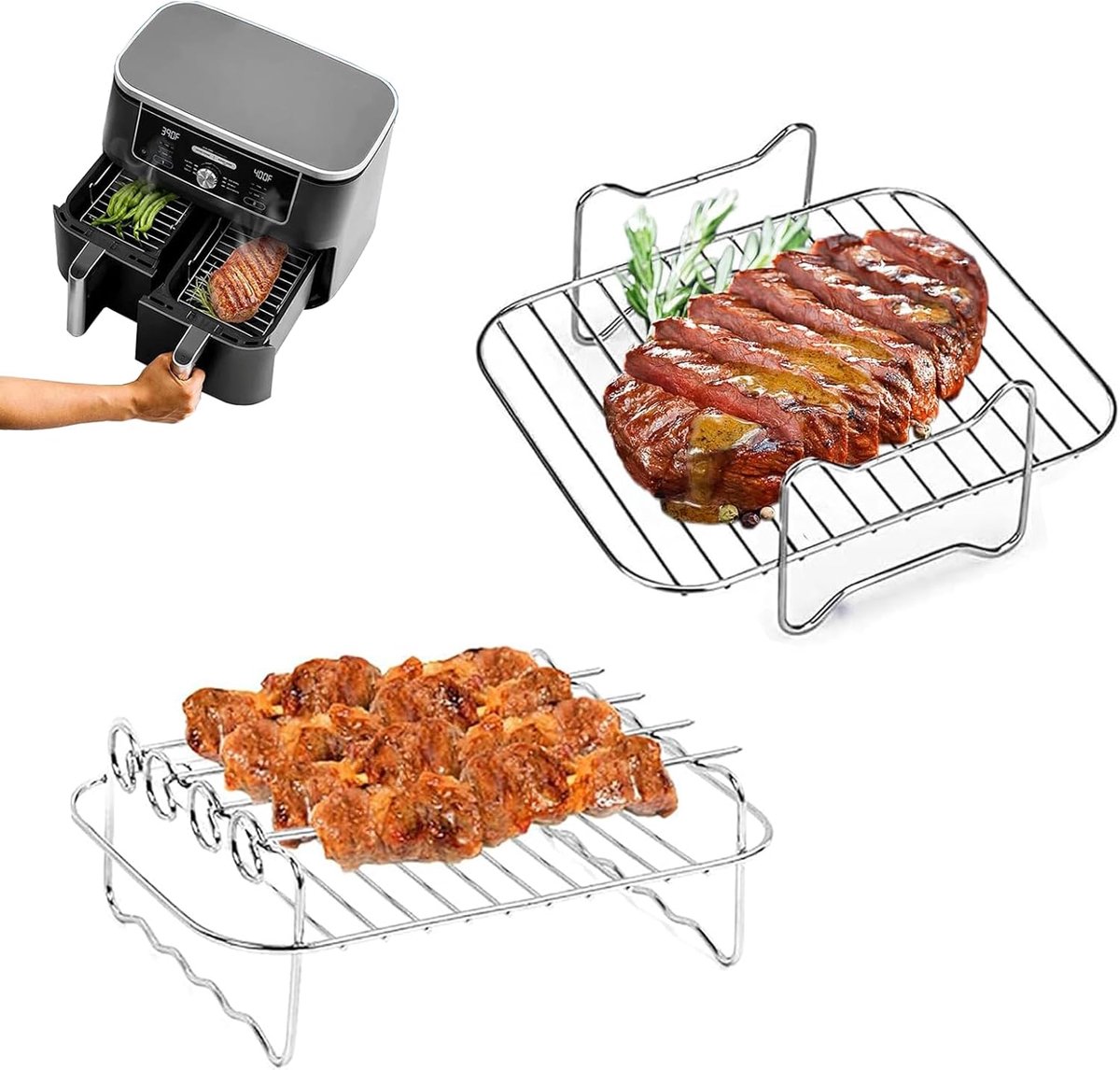 2 stuks- Vierkant Airfryer-grillrek - RVS grill-dehydratorrek - Stapelbaar - Airfryer-accessoires - Oven- en vaatwasserbestendig - voor en koken