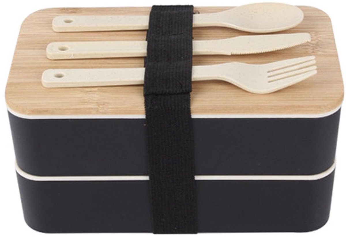 Bento Box Japanse Volwassen Lunchbox met Bestek Vesper Box Lunchbox Brooddoos Food Box Ontbijtbox Snack Box Snack Box Bento Bestek Onderverdeling Ideaal,zwart