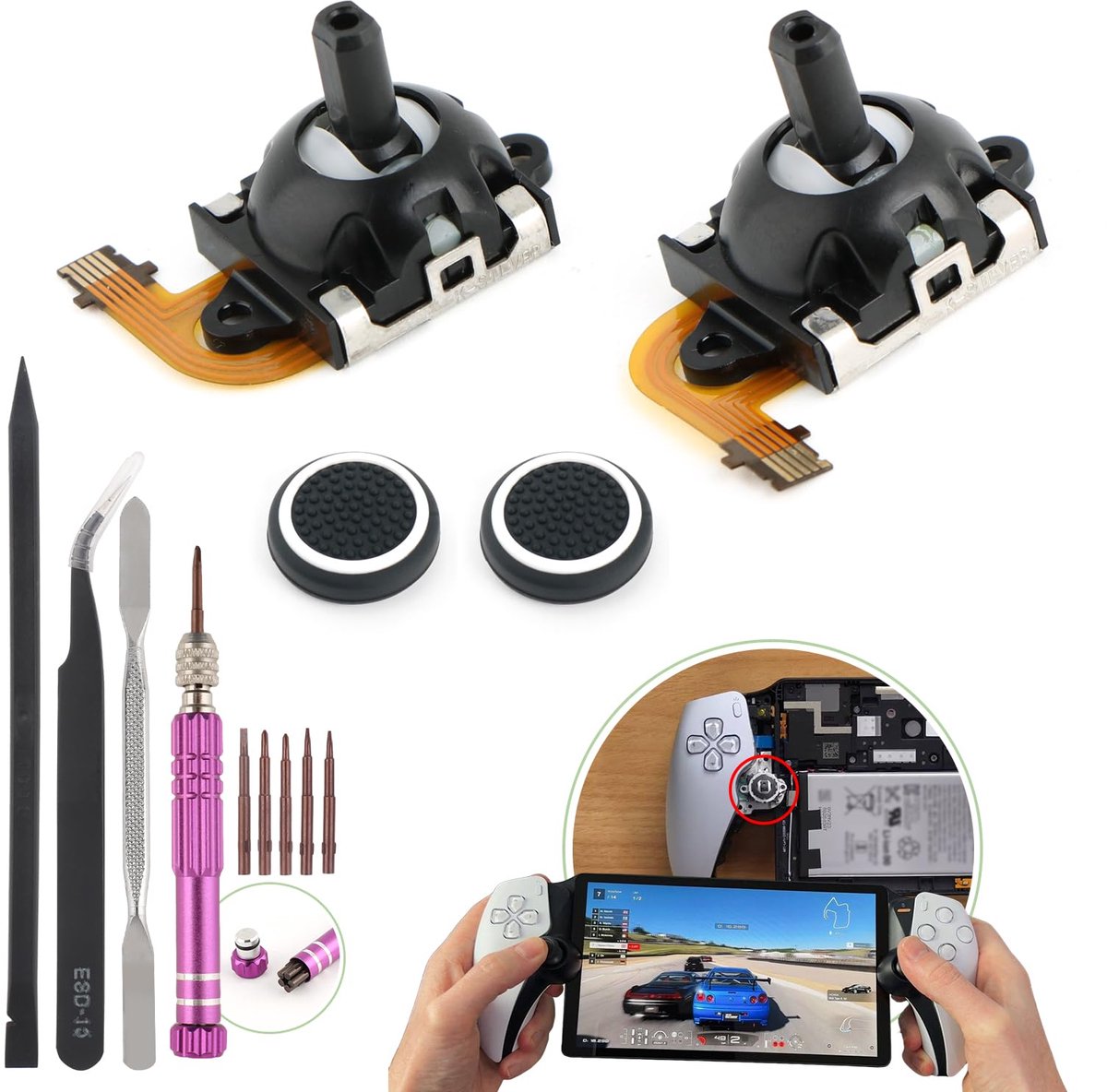 2 Pack Hall Effect Joysticks for Playstation 5 Portal PSVR2 3D Left/Right Analog Sensor Joystick for PS5 Portal/PSVR2 Control with 2 Pack Thumb Cap Thumbstick Repair met gereedschap