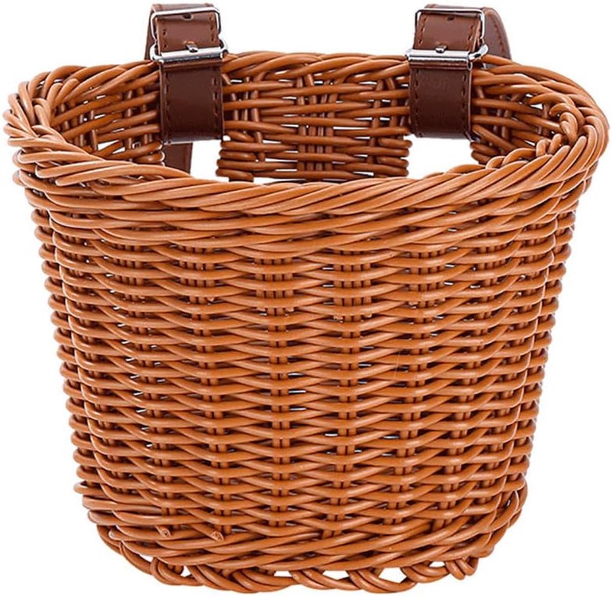 fietsmand van rotan, handgeweven kunststof, rotan mand, voorvak, 21 x 16 x 16 cm, opbergmand, stuurmand, rieten mand, fietsmand met leren band, fietsaccessoires