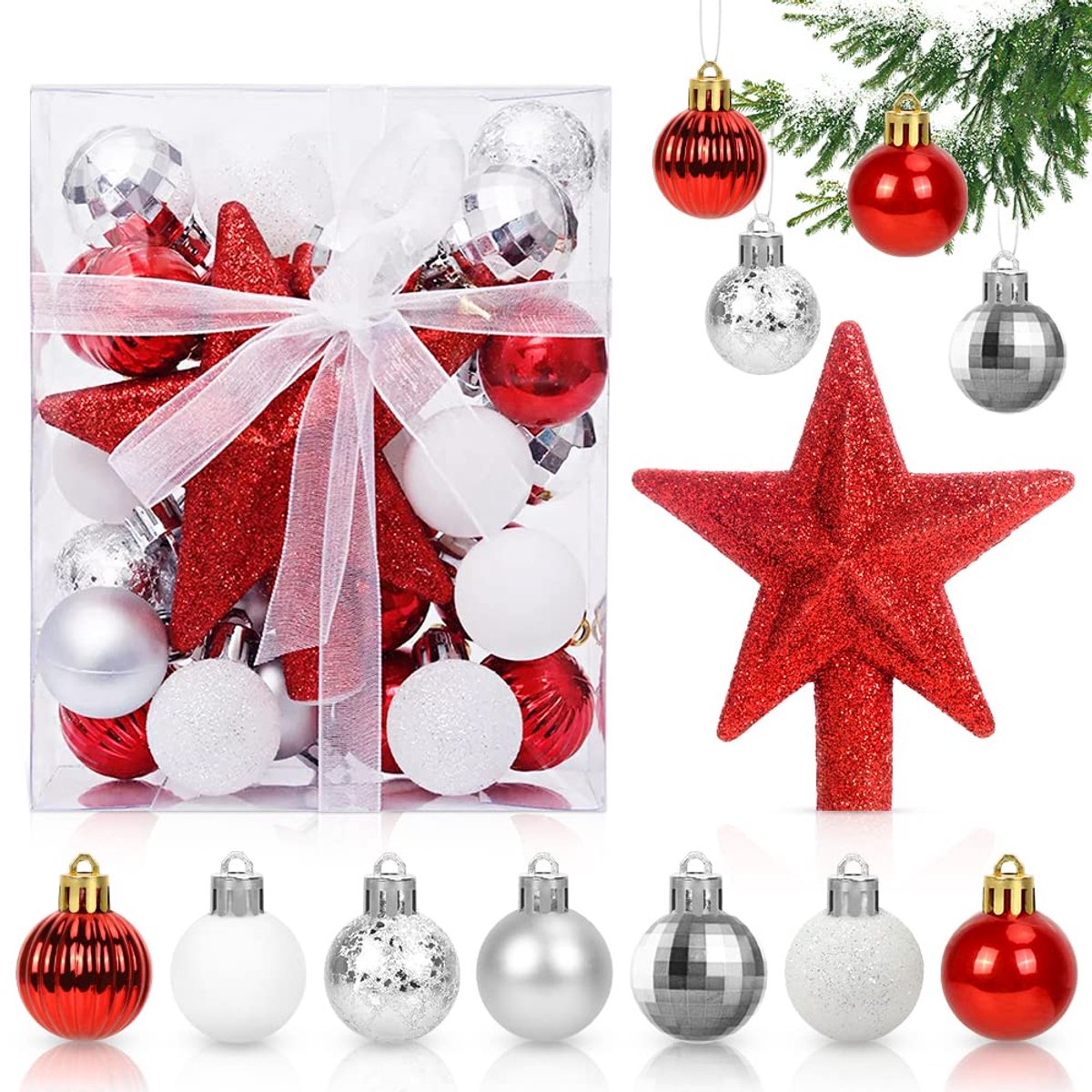 Kerstballen rood wit, 30 stuks mini kerstdecoratie ballen set, 3CM kerstboomkugels kunststof, kugels kerstdecoratie, glanzend glinsterend mat kerstboom ornamenten