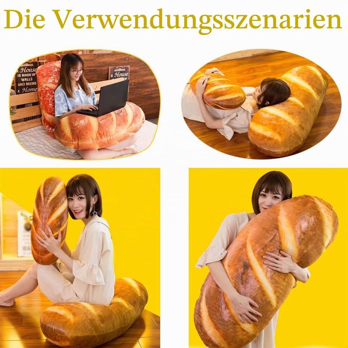 3D-broodkussen, botereffect, 60 cm, zacht lendenkussen, gevuld, broodvorm, suikerhoudend kussen, cadeau voor bank, slaapkamer, kantoor, 50 cm, boter