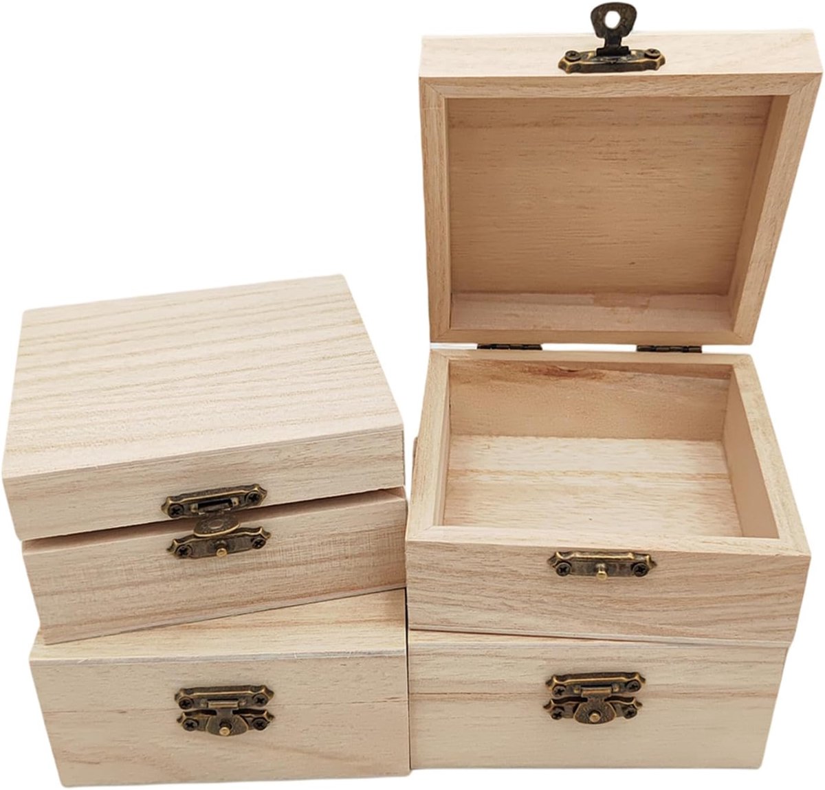 4 stuks onafgewerkte houten doos, 10 x 10 x 5 cm rustieke kleine houten doos met vergrendelingssluiting, doe-het-zelf ambachtelijke opbergdoos, organizer voor thuis tafeldecoratie