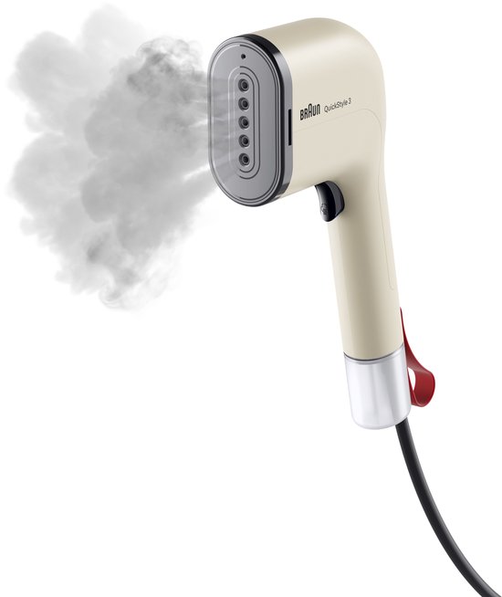 Beige Braun QuickStyle 3 kledingstomer met stoom uit de kop en rode lus aan de onderkant.