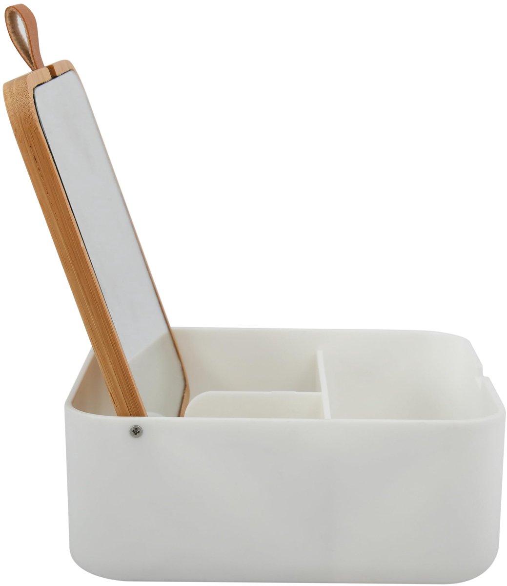 Make-upspiegel, make-upspiegel met opbergruimte voor make-up, cosmetica, tafelspiegel van bamboe, wit-natuur