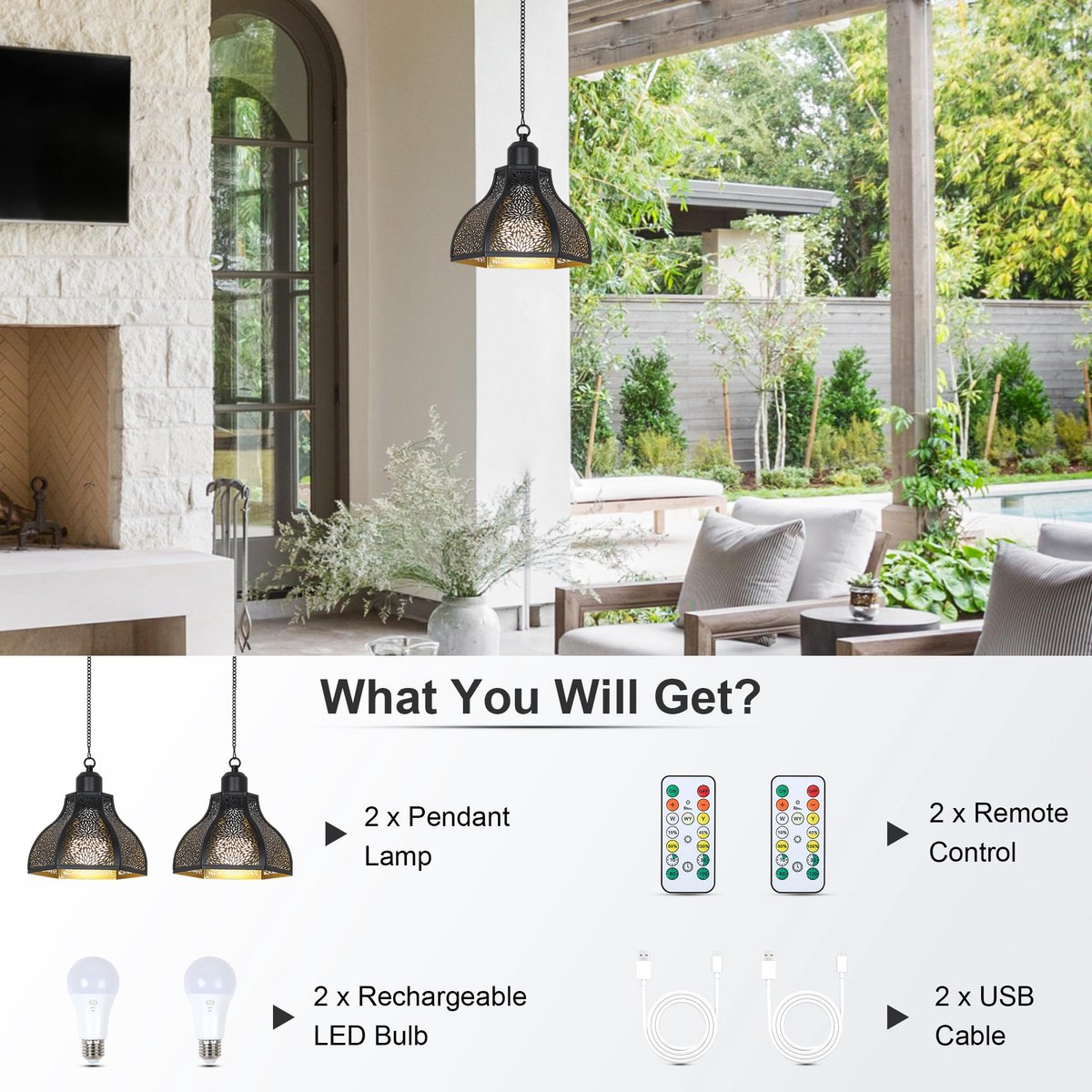 2 Stuks Oplaadbare Hanglamp voor Binnen, Buiten met Batterij, Zwarte Hanglamp zonder Stroomaansluiting, Buiten Tuinverlichting met Lamp & Afstandsbediening, Buitenlamp voor Terras, Balkon — cadeau in Cadeau-ideeën - foto 6