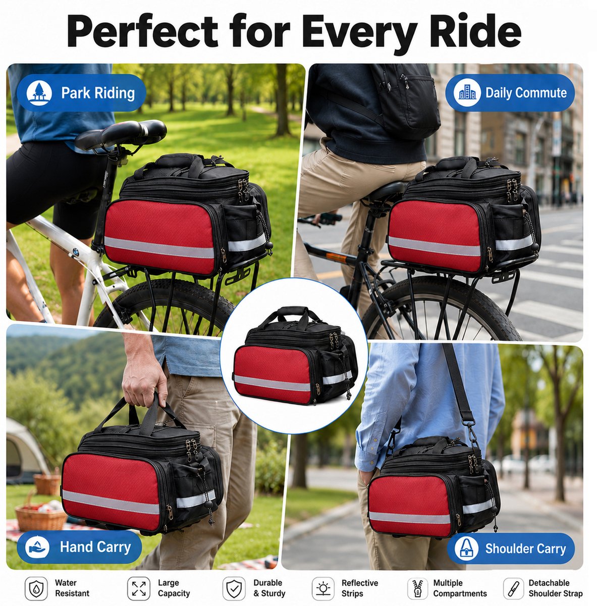 Waterdichte Fietstas Achterop Fiets – 27L Uitbreidbare Bagagedragertas – Touring Fietstas voor Lange Afstand – Met Regenhoes en Reflecterende Details – Rood – 1 Stuk — cadeau in Sport & Outdoor - foto 2